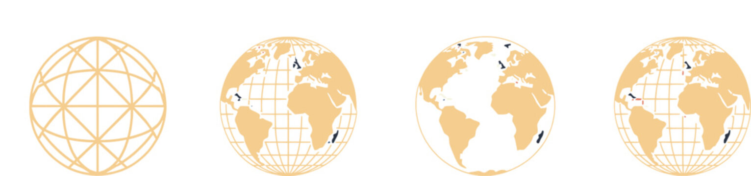 Set of four global earth globes with different world map projections and grid lines for design