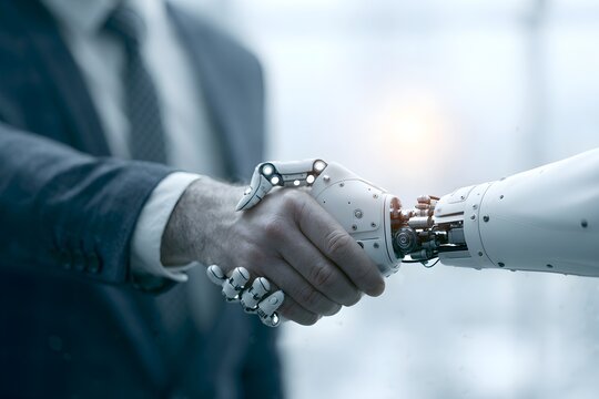 A professional business person in a suit shakes hands with a sophisticated mechanical robot symbolizing a collaborative partnership between human intelligence and artificial technology