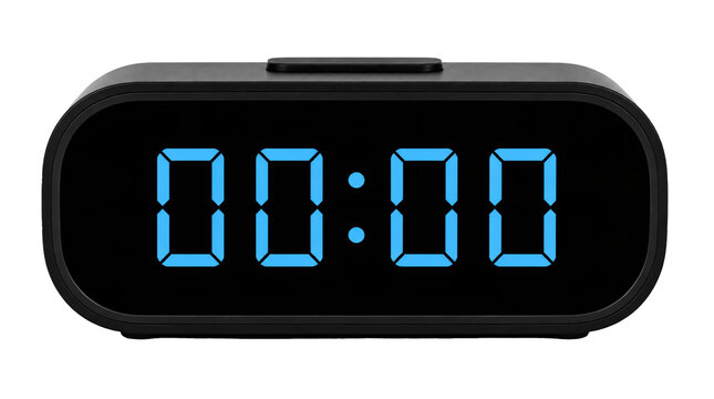 Black digital alarm clock displaying 00:00 isolated on transparent background