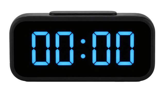 Black digital alarm clock displaying 00:00 isolated on transparent background
