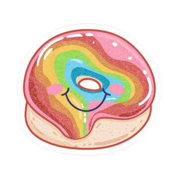 Cute smiling donut character with rainbow glaze and rosy cheeks in kawaii cartoon style on white background, concept of bakery fun and sweet treat.