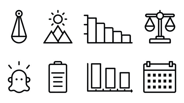 Business icons set including scales, bar chart, calendar and battery illustration