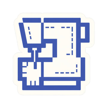 Pixel art sewing machine with needle and stitches on cream sticker in retro blocky style on white background, concept of tailoring craft and textile hobby.