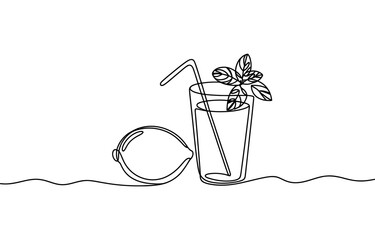 Fresh lemonade drink with lemon fruit and mint leaf in a glass in a continuous single line drawing style © Kanu Art_Gallery