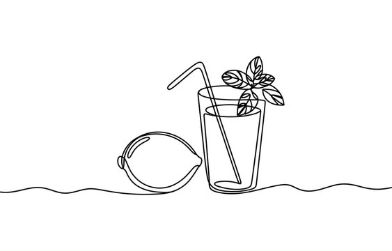 Fresh lemonade drink with lemon fruit and mint leaf in a glass in a continuous single line drawing style