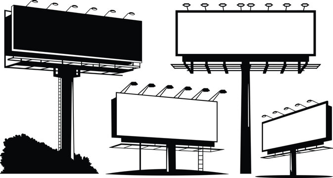 Four black and white silhouette billboards of various sizes and orientations, some with blank screens, ready for advertising