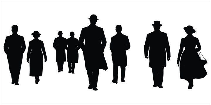 Group of black silhouettes of people in vintage attire walking in a line on a white background woman
