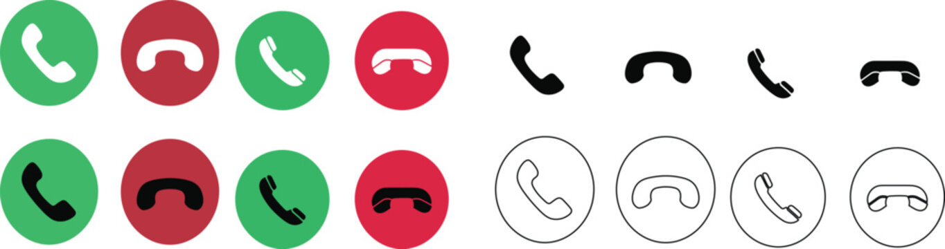 Phone call icon set featuring accept and decline buttons with telephone handset symbols in green and red circular shapes solid silhouette and linear outline styles for mobile app UI UX