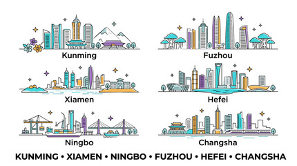 Obraz premium Chinese City Skyline Landmark Collection in Minimal Monoline Color Outline Style Travel Vector Illustration Set