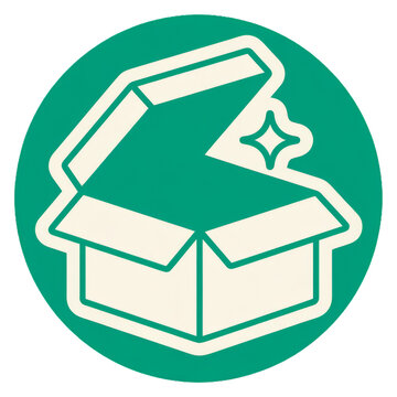 Open cardboard box with lifted lid and sparkle on round green badge in flat cartoon style on white background, concept of product launch and unboxing.