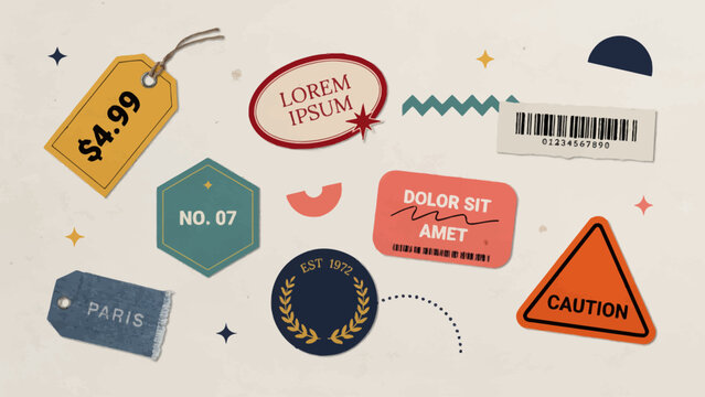 Retail label icon collection. Price tags, caution labels and decorative flat symbols for shopping campaigns, ecommerce, packaging and promotional materials.