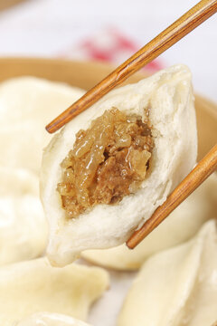 Chinese Dumpling with Meat Filling Held by Chopsticks - Traditional Asian Cuisine