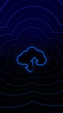Glowing blue neon cloud computing icon moving