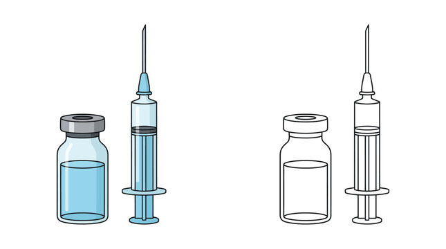 Vial And Syringe Illustration Colored And Outline Versions