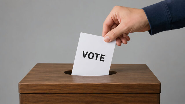 A hand inserts a white ballot paper labeled "VOTE" into a wooden ballot box against a neutral background.