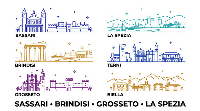 Colorful Gradient Line Art Italian City Skyline Icon Set with Sassari Brindisi Grosseto La Spezia Trento and Biella Vector Illustration