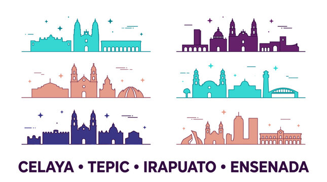 Vibrant Gradient Mexican City Skyline Silhouette Set in Minimal Flat Vector Illustration