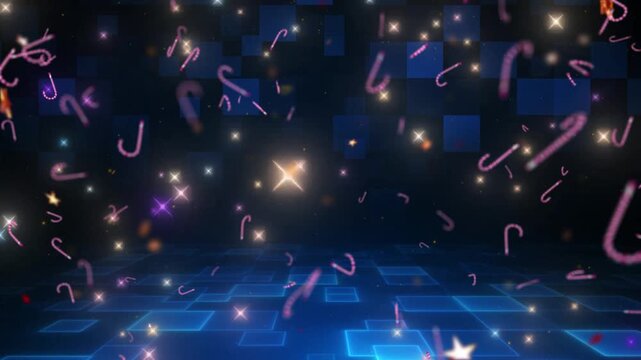 Candy canes descend against a dark background featuring glowing blue geometric patterns and shimmering light particles.