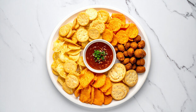 Party snack platter round tray assorted cracker potato chip cheese dip top view snack food appetizer spread crispy snack savory bite