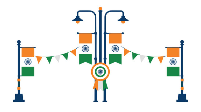 Decorated street lamp post with flags and bunting.