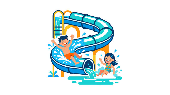 Joyful Kids Sliding Down Water Slide at Amusement Park