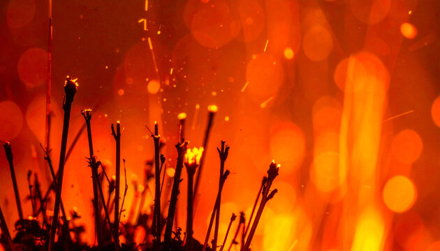 Charred grass tips glowing with embers in orange firelight, abstract wildfire background with sparks and smoke