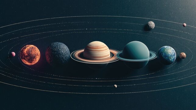 Five planets align in a detailed digital art scene depicting the vastness of space with textures and orbits among them