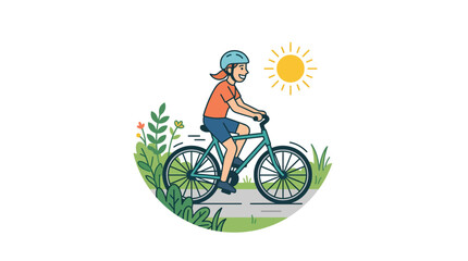 Fototapeta premium Happy girl riding bicycle on sunny day in nature, cartoon style