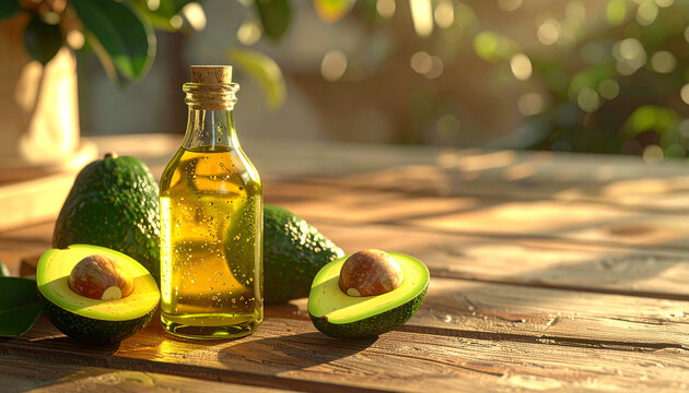 Avocado oil glass bottle avocado fruit ripe avocado sliced avocado oil bottle wooden table natural light healthy food green fruit