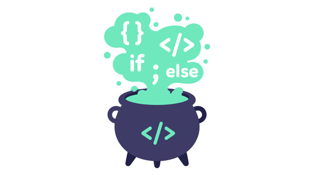 coding cauldron with steam of code symbols.