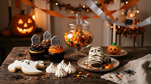 Festive halloween dessert spread with cupcakes cookies and candy for a spooky celebration