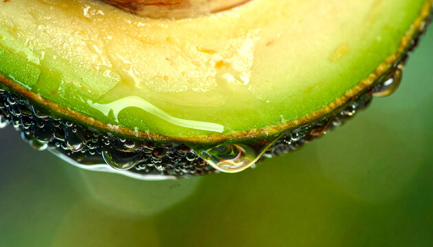 Avocado seed macro with oil droplet and water drop on green fruit skin