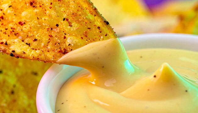 Potato crisp cheese sauce dipping sauce snack food close up crispy texture melted cheese golden color savory flavor food macro