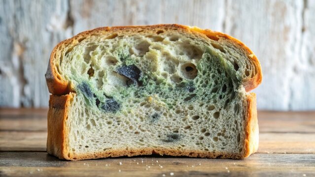 A Close-Up View of Moldy Bread Sliced in Half, Showing Extensive Spoilage