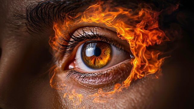 Close up human eye surrounded by flames with dramatic fire effect