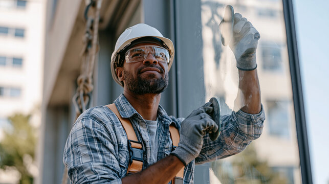 Glazier installing tempered glass panel into modern curtain wall facade on occupied office building, suction cup handling tools in use, safety harness clipped to overhead track,