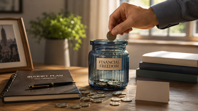 Man hand putting coin into glass jar labeled Financial Freedom on wooden desk with budget planner notebook, retirement fund, wealth planning, personal finance and savings concept