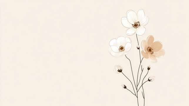 Minimal hand drawn floral arrangement on cream background in neutral tones for card, invitation, poster, background