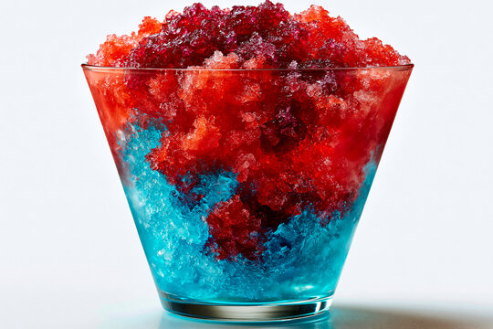 Verre conique contenant un cocktail de granit&eacute; bicolore &agrave; la glace pil&eacute;e sur fond blanc. D&eacute;grad&eacute; de couleurs, allant d'un bleu cura&ccedil;ao &agrave; la base vers un rouge grenadine