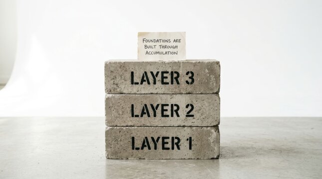Three stacked bricks labeled with layers and a quote about foundations