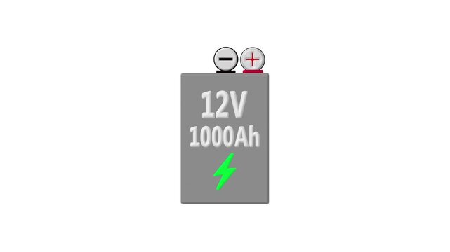 12V Rechargeable Battery Icon Animation with Power Energy Storage Indicator Motion Graphic.