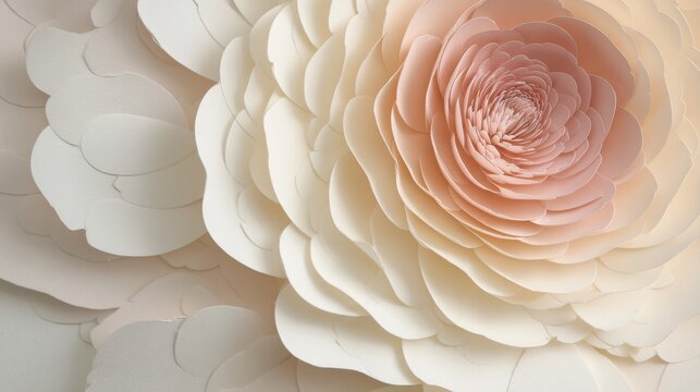 Paper flower closeup with layered scalloped petals in soft cream and blush tones for wedding invitation background card design