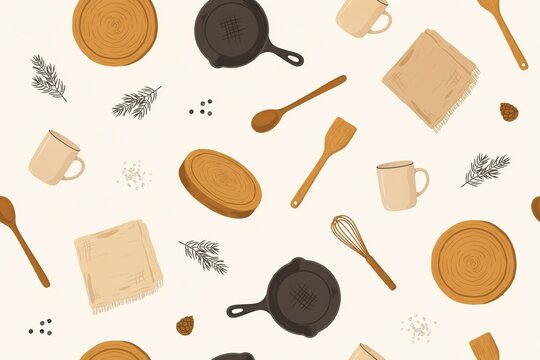 Seamless pattern featuring kitchen utensils like wooden spoons, cast iron skillets, cutting boards, ceramic mugs, and pine branches on a light