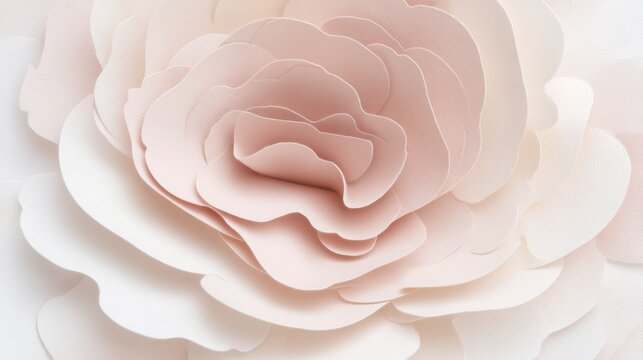 Soft pink paper flower macro with layered curved petals and delicate paper texture for wedding stationery background card design