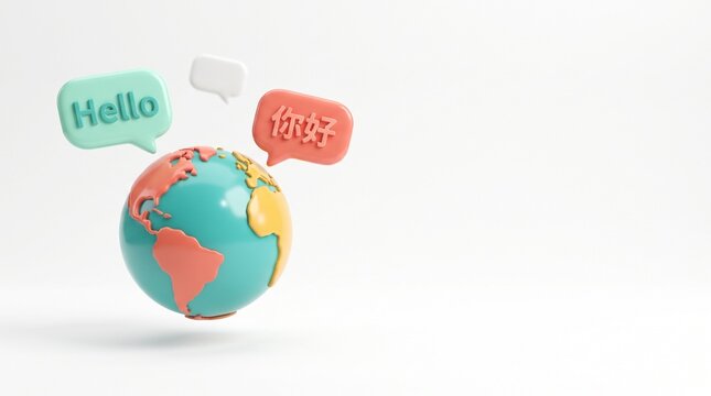 Global communication concept illustration featuring a 3d colorful planet earth with english and chinese speech bubbles saying hello on a white background