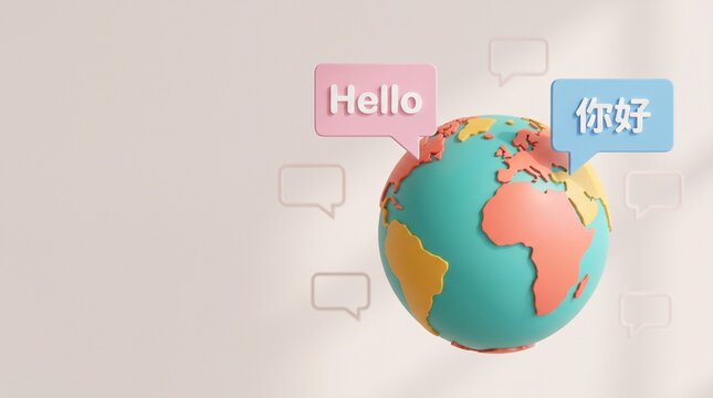 Global communication concept 3d illustration featuring colorful planet earth globe with english hello and chinese ni hao speech bubbles on a beige background