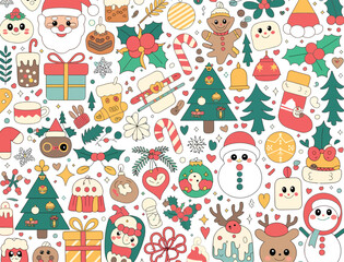 Naklejka premium Christmas seamless pattern with festive icons and holiday elements. Winter holiday vector background featuring gifts, trees, and ornaments for comm...