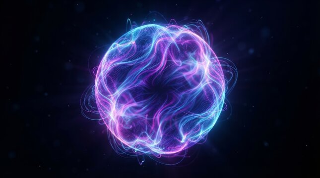 Abstract 3D sphere of purple and blue neon gradient particle waves representing Artificial Intelligence.