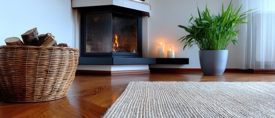 Obraz premium Modern wood burning stove with bright flames in a cozy room featuring a woven basket of logs and candles beside a green plant