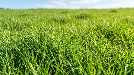 Fototapeta premium Vibrant green grass field under a clear blue sky on a sunny day